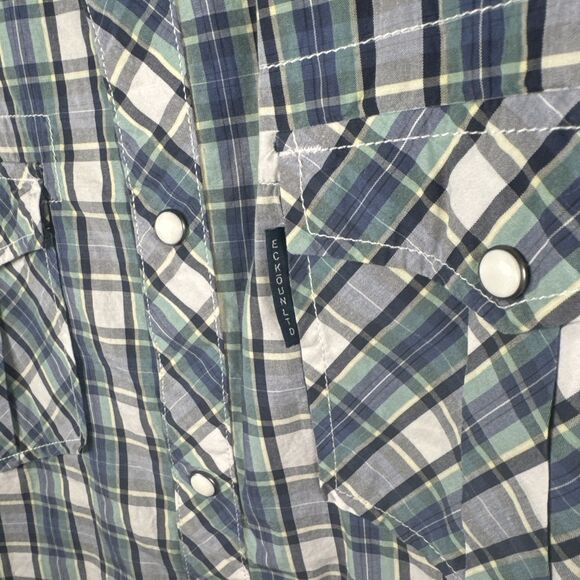 Ecko Unltd Mens XL Blue Plaid Short Sleeve Pearl‎ Snap Western Button Up Patches - Picture 11 of 14